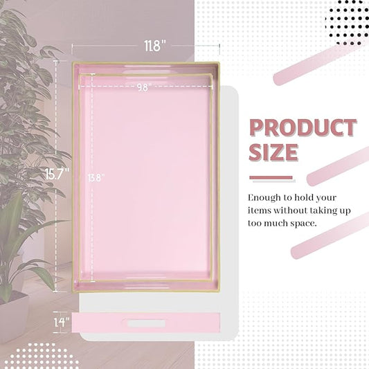 MAONAME Pink Serving Tray Set of 2, Plastic Decorative Trays with Handles, Rectangular Coffee Table Tray for Ottoman, Nesting Trays for Living Room, Bedroom