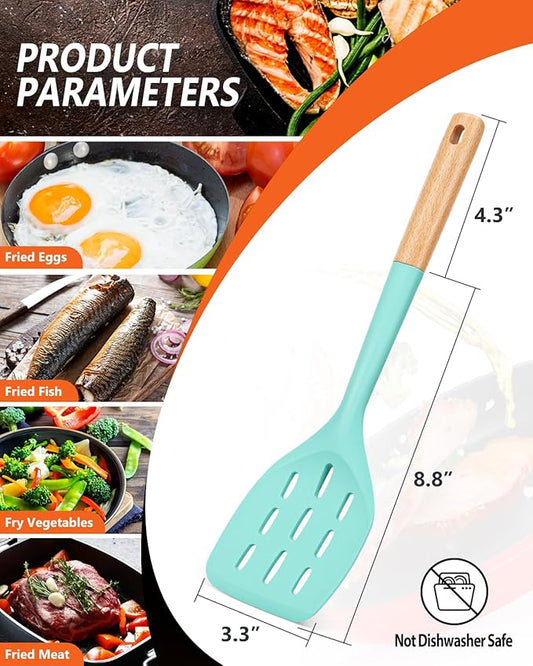 Pack of 2 Silicone Spatula, Non Stick Cooking Utensil Set Stainless Steel Handle Kitchen Turner for Baking Mixing Grilling Serving Food Heat Resistant Non Scratch Hooks Included (Green)