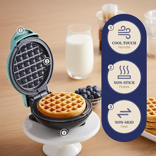 Elite Gourmet EWM015M# Electric Nonstick 4.5-inch Mini Waffle Maker, Belgian Waffles, Compact Design, Hash Browns, Keto, Snacks, Sandwich, Eggs, Easy to Clean, Mint