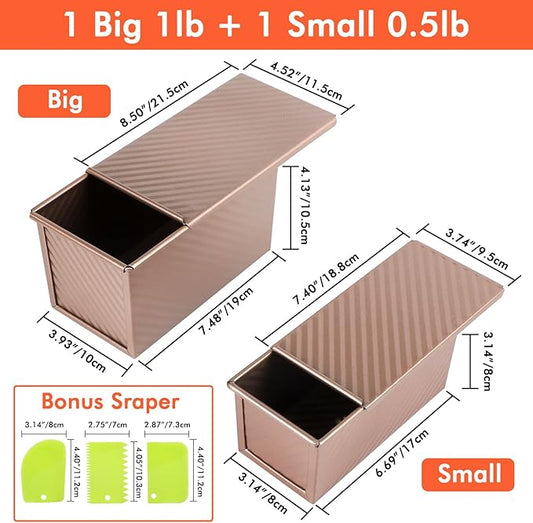 Beasea Pullman Loaf Pan with Lid, 2 Pack Non-Stick Bread Loaf Pans for Homemade Bread 1 lb & 0.5 lb Carbon Steel Bread Toast Box with Dough Scraper for Bread Toast Oven Baking - Rose Gold