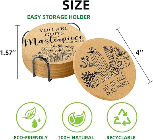 Coasters for Drinks with Holder Set of 6, Inspirational Cork Coaster Absorbent for Office Desk Inspired Table Coasters Kitchen Decor House Warming Gifts for New Home Couples, Round 4"