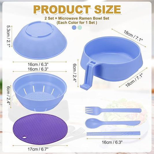 uxcell 2 Sets Microwave Ramen Bowl Set, Wheat Fiber Noodle Bowls Plastic Cooker with Lid Handle Fork Spoon Chopsticks for College Dorm Room Apartment, (Purple/Green)