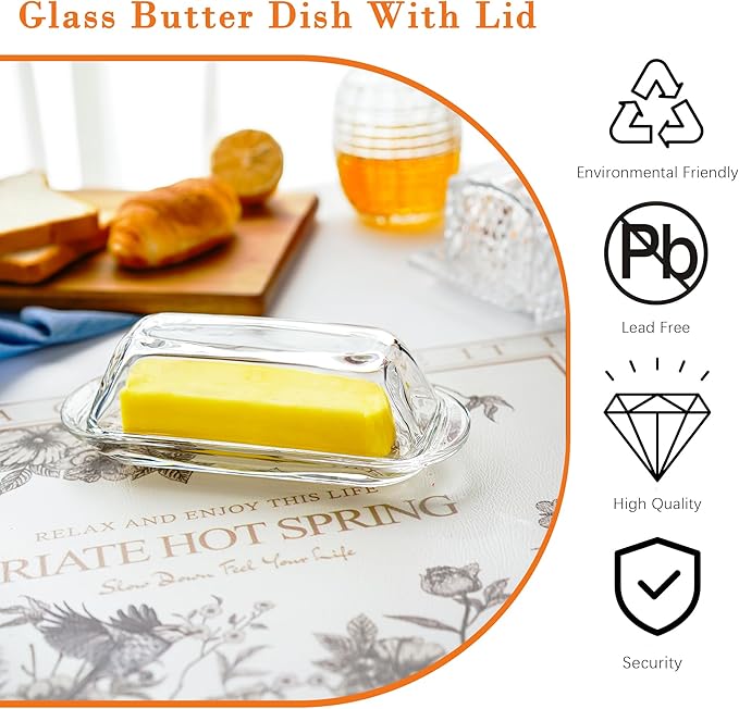 7 Inches Glass Butter Dish with Lid for Countertop - Crystal Glass Butter Keeper Elegant Clear Butter Holder Tray for 1 Stick East Coast,Dishwasher Safe