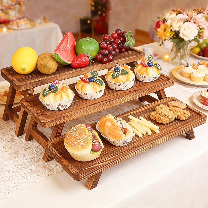 3 Tier Wooden Serving Tray Stand, Foldable Tiered Dessert Display Set for Party, Wedding, Birthday, Christmas, Rustic Charcuterie Boards Table Decor