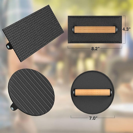 Wildone Smash Burger Press, Round Cast Iron Grill Press Burger Smasher for Griddle, Rectangular Bacon Press Meat Steak Press Sandwich Press with Wood Handle - 4Pcs