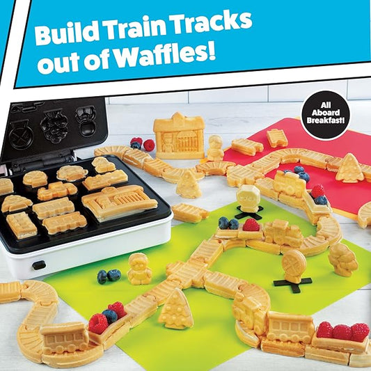 Train Set Waffle Maker – Build Track & Cargo Car Shaped Mini Waffles – Electric Non-Stick Plates, Dishwasher-Safe Removable Inserts for Kids Morning Breakfast, Pancakes, Snack, Family Fun Gift & Play!