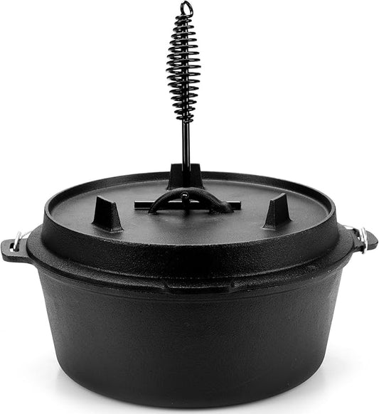 DARTMOOR 9 Quart Pre-Seasoned Cast Iron Dutch Oven with Lid and Lid Lifter Tool Outdoor Deep Camp Pot for Camping Fireplace Cooking BBQ Baking Campfire 9 QT