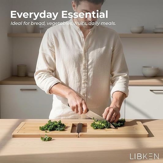 Multifunctional Bamboo Cutting Board – Minimal Scandinavian Design, 5-in-1 Foldable Kitchen Chopping Board with Stainless Steel Inlet & Grooves for Bread, Vegetables, Meat, and Fish