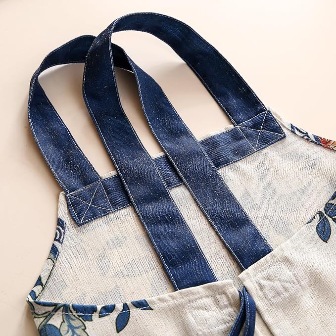patdrea Blue Floral Linen Apron with Pocket,French Kitchen Garden Chef BBQ Aprons for Women and Men,Crisscross Back Straps