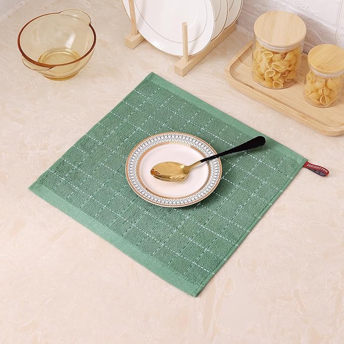 Mordimy 100% Cotton Terrycloth Kitchen Towels and Dishcloths Sets, Soft and Absorbent Checkered Dish Towels, Quick Drying Dish Rags for Washing Dishes, 4 Pack 16" x 26" & 4 Pack 12" x 12", Grass Green