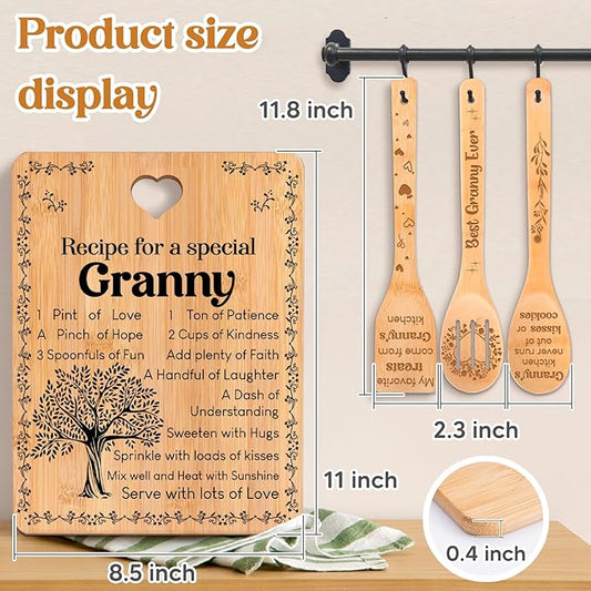 Granny Gifts - "Recipe for a Special Granny" Gifts for Granny Cutting Board Set, Bamboo-Made Engraved Utensil Set Granny Birthday Gifts, Presents for Grandma Nana Nanny from Grandchildren