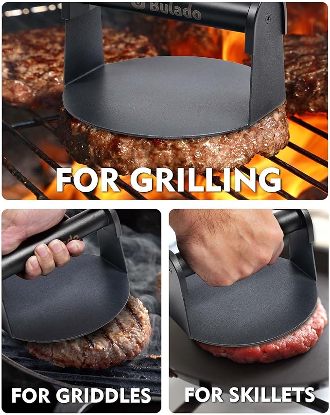 Burger Press, 6'' Round Burger Smasher for Griddle with Heat-Resistant Handle, Teflon-Coated Iron Non-Stick Hamburger Smasher Tool for Flat Top Griddle, Grill, BBQ, Cooking, Gift Package