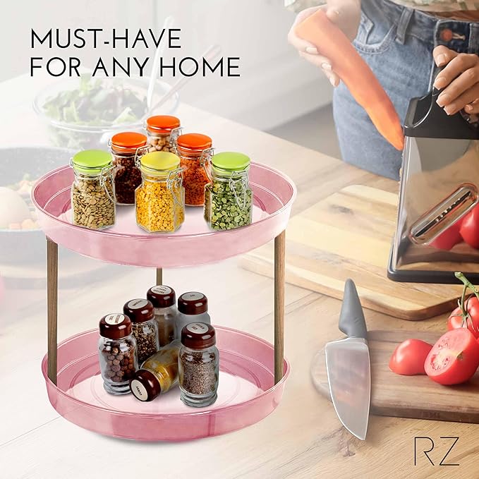 Rachel Zoe 2 Tier Lazy Susan Organizer, Wood Two Tier Lazy Susan Turntable, 360° Spin Tray Organizer, Pantry Spice Organizer for Kitchen, Rotating Bathroom Counter Organizer