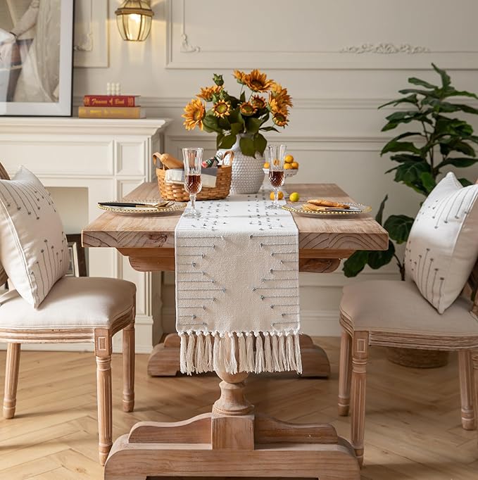 Boho Table Runner 13 x 60 Inch Long Natural Cotton Woven Runner with Tassels for Home Dining Table décor, for Modern Farmhouse Decor Coffee Table Runner, Grey and Beige