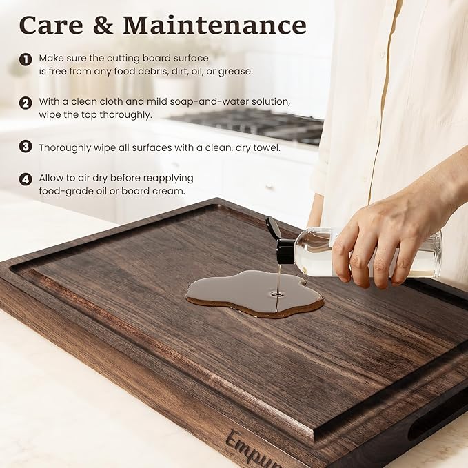 Empune Black Walnut Wood Cutting Boards for Kitchen Wooden Cutting Board with Handle, Chopping Board with Built-in Juice Groove & Well, Heavy-duty Charcuterie Board Butcher Block, 16.5x11.8x1.4 Inches