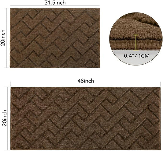 hicorfe Kitchen Rugs and Mats Sets,2 Pieces Super Absorbent Polypropylene Non-Slip Rug,Soft Comfort Floor Mat,Washable for Kitchen,Hallway,Office,Sink,Laundry(20" x 32"+20" x 48",Dark Brown)