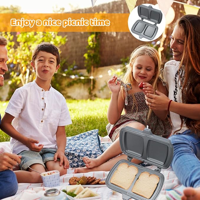 Qivine Hot Sandwich Maker, Pie Iron Double Sided Stove Top Sandwich Maker Non-Stick Cast Iron Sandwich Maker Panini Press Pan With Removable Handles For Breakfast Pancakes, Toast, Omelets (Type B)