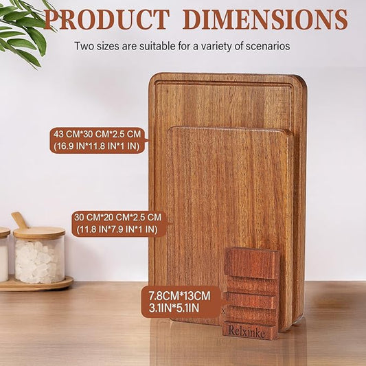 Relxinke Solid Teak Wood Cutting Board Set One Piece Non Glued Large Thick Crack Resistant Wooden Chopping Board with DeepJuice Grooves Built in Handles for Kitchen Meat Bread 16.9x11.8IN &11.8*7.9IN
