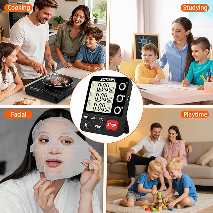 Digital Dual Kitchen Timer, 3 Channels Count Down/Up Multi Timer with Memory-Preset Magnetic Back & Large Display Adjustable Alarm Volume, Suit for Food Cooking, Black