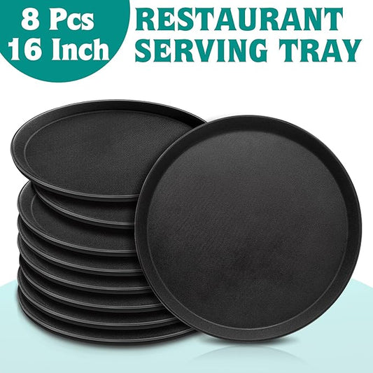 8 Pcs 16 Inch Round Serving Trays Restaurant Serving Trays Plastic Food Drink Serving Tray Non Slip Rubber Lined Black Serving Tray for Party Bar Restaurant Cocktail Cafeteria