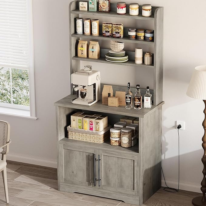 GAOMON Farmhouse Bakers Rack with Storage Cabinet and Charging Station, Kitchen Hutch with Thickened Tabletop, Power Outlets & USB Ports, Pantry Organizer Shelf for Kitchen and Dining Room, Gray