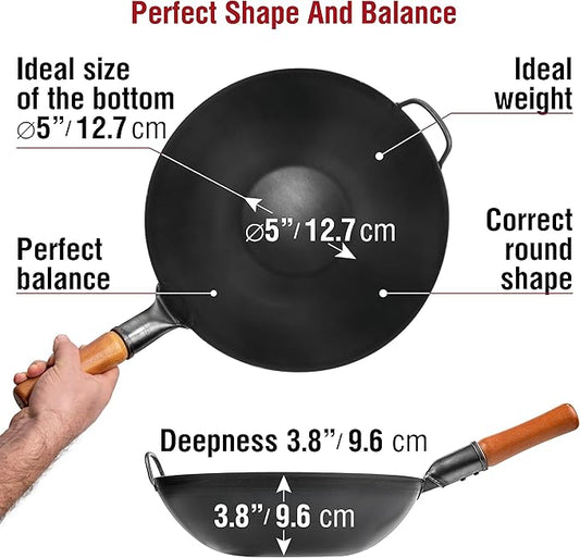 YOSUKATA Carbon Steel Wok Pan – 13,5 “ Stir Fry Pans PLUS 17" Wok Spatula and Ladle Skimmer Spoon - Stainless Steel Cooking Utensils Set