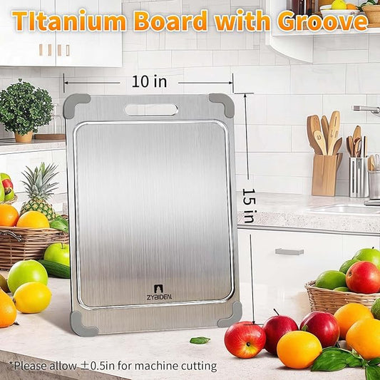 ZYBIDEAL 100% Pure Titanium Cutting Board with Grooves, Update Double Side Titanium Chopping Board, Silicone Anti-slip Stainless Cutting Boards for Kitchen 10 * 14 IN, Grey