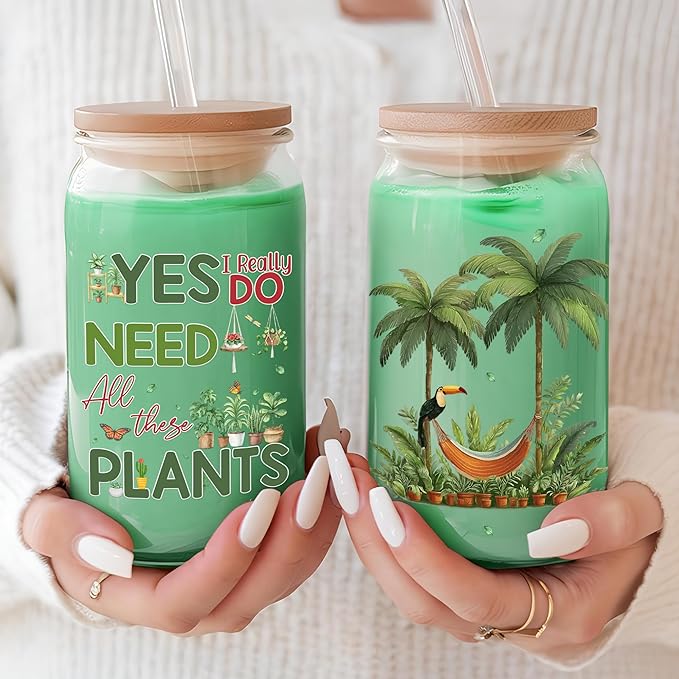 Gifts for Plant Lovers 16 Oz Glass Cup with Lid and Straw Plant Lady Coffee Mug Funny Plants Lover Tumbler Mothers Day Christmas Birthday Present for Gardeners Women Men Mom Dad