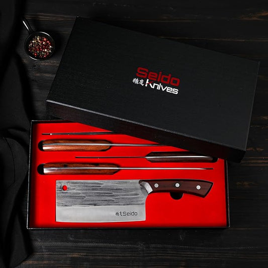 Seido 5-Piece Caveman Butcher Knife Set - Precision Forged High-Carbon Stainless Steel Blades with Black Oxide Finish - Ergonomic Mahogany Handles in Reddish-Brown