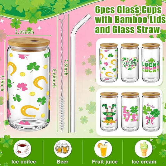 6 Pcs St Patrick's Day Glass Cups Shamrock Tumbler with Lids and Straws 16 oz Irish Lucky Clover Reusable Can Shaped Drinking Glasses Bulk for St Patrick's Day Party Supplies