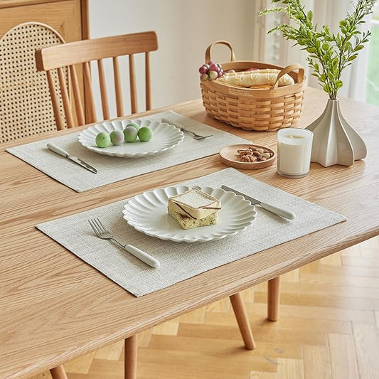 Softalker Faux Linen Placemats Set of 12-12 x 18 Inch, Heat Resistant Double Layered Durable Burlap Farmhouse Place Mats, Non-Slip Washable Rustic Table Mats for Dining, Kitchen, Party(Cream