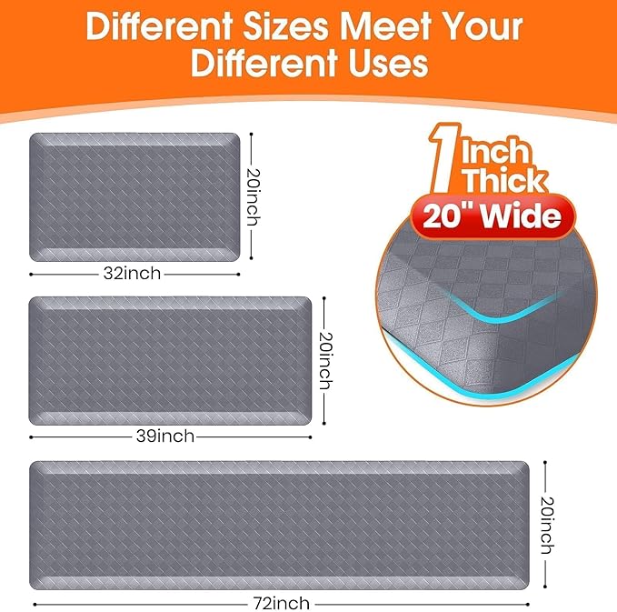 StepRite 1” Thick Kitchen Mats for Floor, Anti Fatigue Kitchen Rugs, Non-Slip,Heavy Duty Waterproof Kitchen Rug, Standing Desk Mat, Gifts for Friends, Family, Home, Kitchen, Office (39" x 20", Grey)