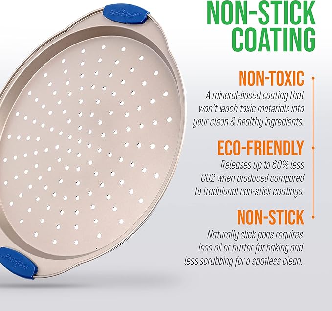 NutriChef 13-Inch Non-Stick Pizza Tray with Silicone Handle - Perforated Carbon Steel, Dishwasher Safe, PFOA Free - Champagne Gold - 12 Pack