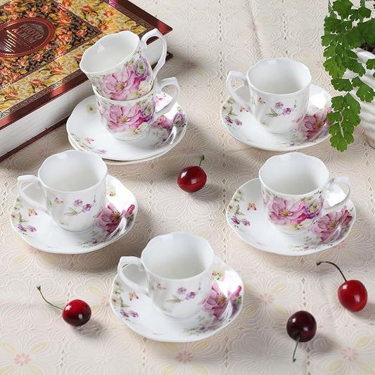 GuangYang 12 Pieces (Tiny Style) Espresso Cups and Saucers,2.5 ounce/80ml,Set of 6,Mini Premium Porcelain Coffee Cup Set, Fancy Flower Pattern Design