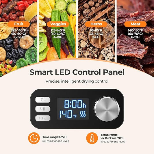 OSTBA 8-Tray Food Dehydrator, 72H Timer & Temp Control up to 158℉, Includes 8 Mesh Sheets, 1 Fruit Roll Tray, 1 Tongs, Recipe Book for Jerky, Fruit, Meat, Vegetables, Herbs, BPA-Free