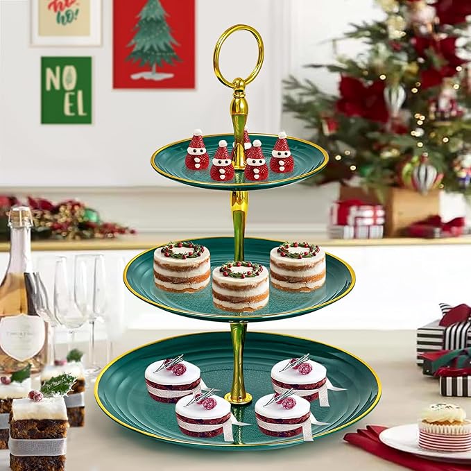 Soleebee 3-Tier Cupcake Stand, Round Plastic Tiered Serving Tray, Cup Cake Tower for Birthday Wedding Party Decoration, Cupcake Tier Stand Fruits Desserts Display (Green Gold)