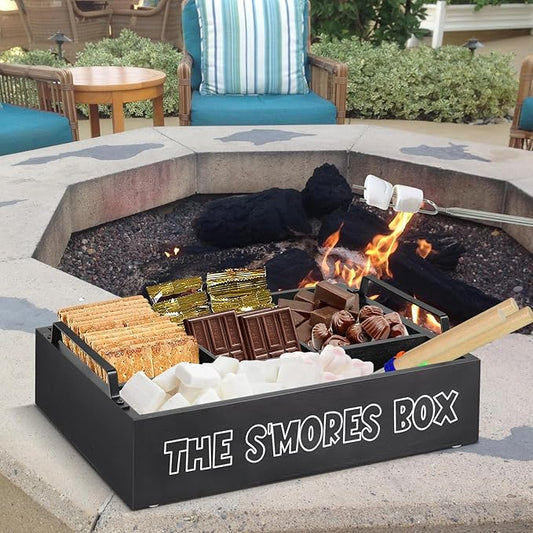 S'Mores Station with Handles, Wooden S'Mores Caddy Bar Holder with 4 Roasting Sticks, Farmhouse Smores Tray for Smores Kit for Fire Pit, Smores Maker Tabletop Indoor Kit for S'Mores Kit