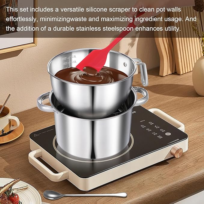 wutfuooo 304 Stainless Steel Double Boiler Set - 2.6QT Melting Bowl with Scale and Handle - 4.2QT Dual-Handle Pot - Stackable Water Bath Melting Pot Set for Butter, Chocolate, Wax, Sugar, Candle