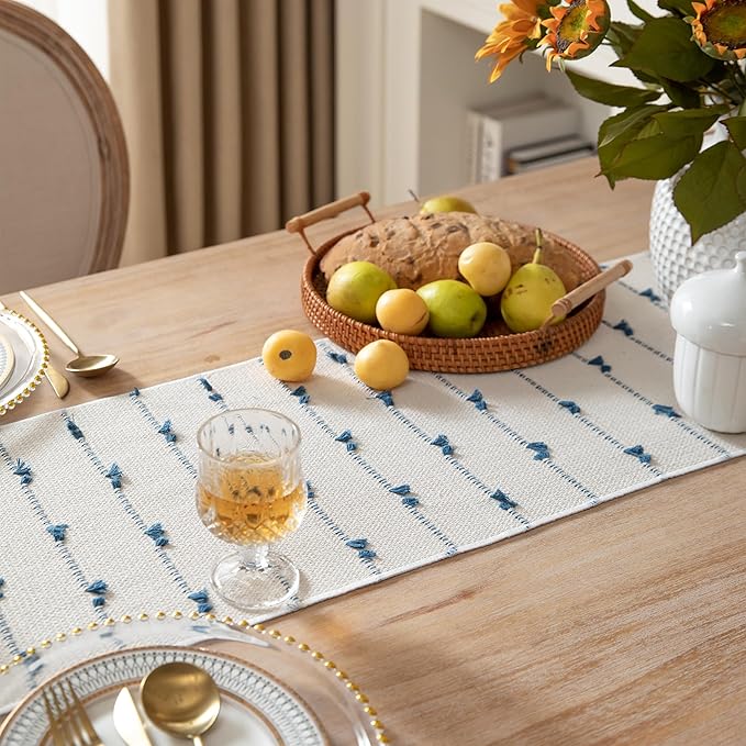 Caflife Boho Table Runner 90 Inchs Long for Modern Farmhouse Room Home Decor, Blue and Beige Coffee Table Runner, Natural Cotton Woven with Tassels Neutral, for Kitchen Dining Table Decor
