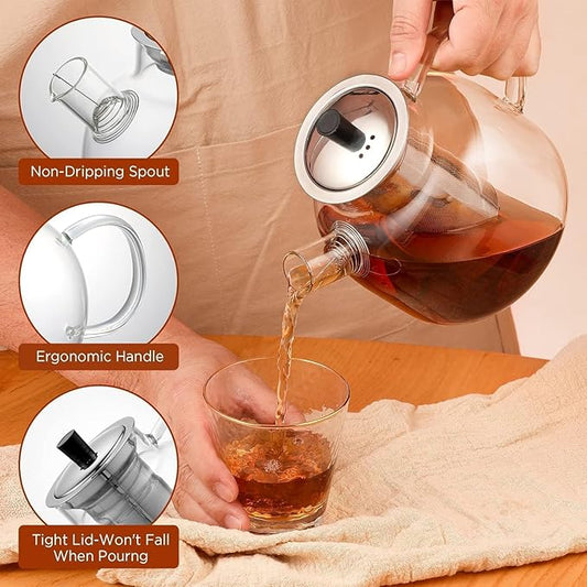 Glass Teapot with Removable Infuser,Ehugos 800ml (27OZ) Stovetop Safe Small Tea Pot, Blooming and Loose Leaf Hand Crafted Kettle for Women and Adult with Stainless Infuser