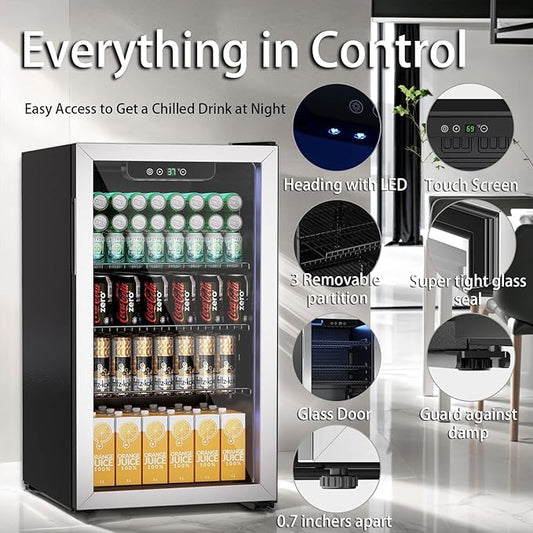 Compact 105 Can/3.0 Cu.Ft Mini Fridge For Soda, Beer Or Wine, Portable Small Beverage Refrigerator With Digital Display&Removable Shelves &Reversible Glass Front Door For Office, Dorm, Bar