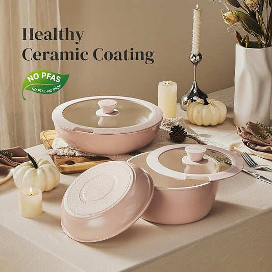 Redchef 16pcs Ceramic Pots and Pans Set Non Stick, Nonstick Kitchen Cookware Set with Detachable Handle, Non Toxic, PFAS PFOA & PTFE Free, RV Cookware Set for Camping, Dishwasher/Oven Safe (Pink)