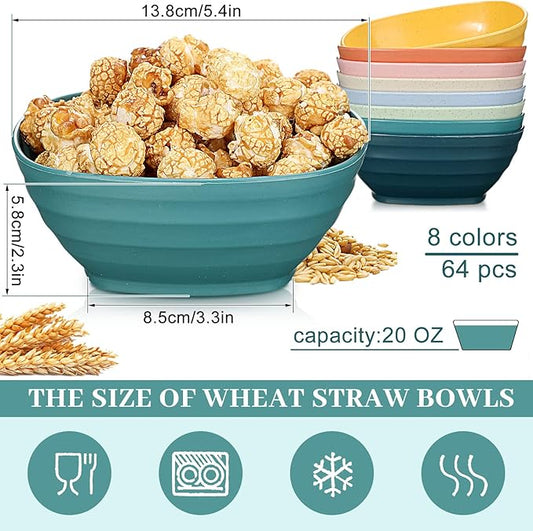 Gejoy 64 Pcs Unbreakable Cereal Reusable Wheat Straw Lightweight Bowls Microwave and Dishwasher Safe Soup Fiber Bowls for Kitchen Serving Salad Rice Snacks(Multicolor)