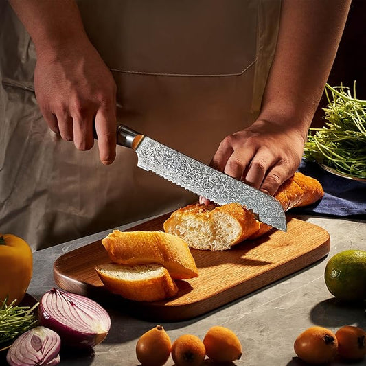 SENKEN 8" Damascus Steel Bread Knife - Dynasty Collection - 67-Layer Japanese VG10 Steel with Sycamore Wood Handle, Razor Sharp Serrated Edge (Damascus Bread Knife)