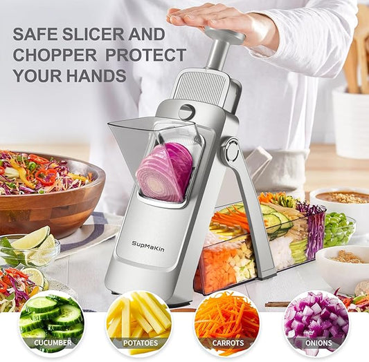 SupMaKin Upgrade Safe Mandoline Slicer,Multi Vegetable Chopper,Potato Slicer, Onion Chopper with Drain Basket Storage Container, Cheese Grater Kitchen Chopping Artifact (SliverGray)