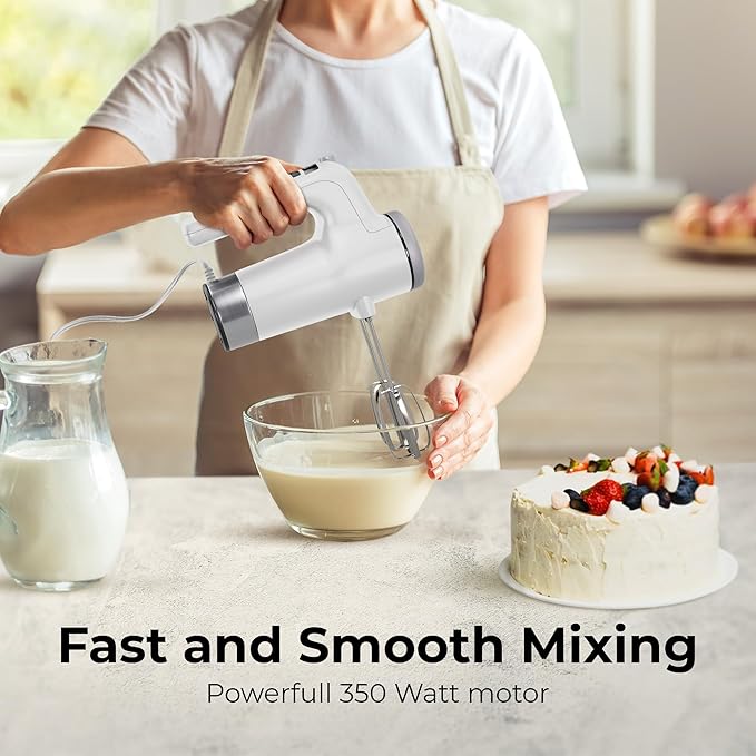 Stellagro 9 Speed Electric Handheld Mixer with Stainless Steel Whisk Beater Attachments & Snap Storage Case, Compact Lightweight 350 W Powerful hand held mixer for Baking & Cooking, White