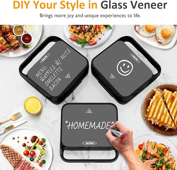Sunvivi 3 in 1 Sandwich Maker, Electric Waffle Maker with Removable Non-stick Plates, 850W Panini Press Grill with Glass Top, Cool Touch Handle & Easy to Clean