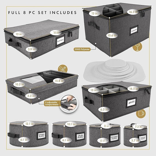 HOMELUX THEORY Platter Storage with Lid, Hard Shell China Storage Containers, Heavy Duty Dinnerware Storage Box with 5 Felt Pads and Thick Surface for Dishes and Dinner Plate, Move Out Essentials