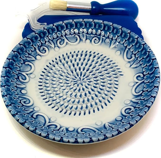 All-in-one Premium Ceramic Garlic Grater Plate 4-Piece Set - Blue Embossed Design and Style - For Garlic, Ginger, Chocolate, and more! - Comes with 5.25" Plate, Peeler, Brush, and Stand
