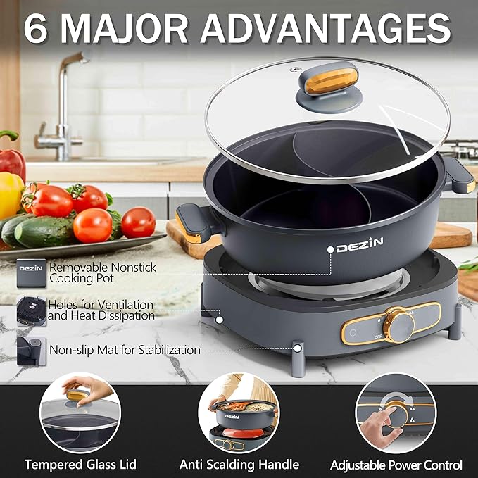Dezin Hot Pot Electric with Divider, 6L Double-Flavor Shabu Shabu Pot, Dual Sided Removable Non-Stick Hotpot Pot Electric, 3" Depth Chinese Hot Pot with Multi-Power Control, 2 Silicone Ladles Included
